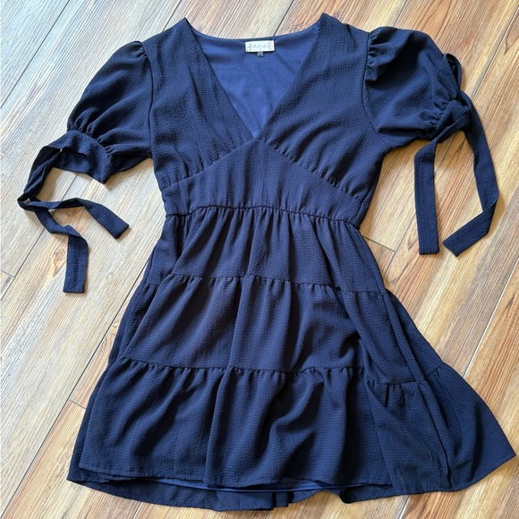 Navy, puff sleeved, Tiered, Mini Dress - Picture 1 of 3